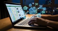 Smart home automation system control interface on laptop with connected IoT devices and wireless technology icons floating above keyboard in modern workspace.