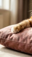 Orange tabby cat paw resting on pink velvet cushion in cozy living room with soft natural lighting creating warm domestic atmosphere for pet care content.