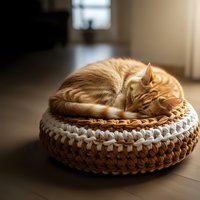 Orange tabby cat sleeping peacefully in cozy woven basket bed on wooden floor in warm sunlit home interior for pet comfort and relaxation concepts.