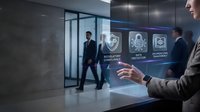 Business professional using holographic cybersecurity interface in modern office with digital protection icons and data security technology display.