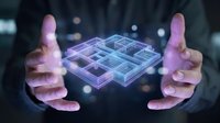 Businessman holding glowing digital grid interface with purple holographic energy, representing technology innovation, data management, and futuristic business solutions for corporate applications.