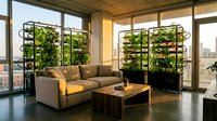 Modern urban apartment living room with vertical hydroponic garden systems, floor-to-ceiling windows showcasing city skyline views, contemporary furniture.