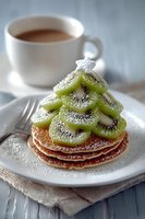 Creative Christmas tree pancakes with kiwi slices and powdered sugar served with coffee on rustic wooden table. Festive holiday breakfast.