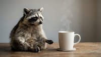 Adorable raccoon sitting at wooden table with steaming coffee mug, perfect for morning routine and wildlife humor concepts in advertising campaigns.