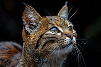 Close-up portrait of wild cat with bright blue eyes and distinctive facial features against dark background, showing detailed fur texture and alert expression.