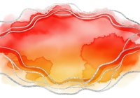 Vibrant watercolor gradient flowing from red to orange to yellow with decorative silver glitter border on white background, suitable for design projects.