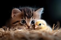 Adorable tabby kitten and yellow baby chick nestled together in hay, creating heartwarming moment of unlikely animal friendship against dark background.