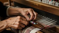 Elderly hands weaving colorful threads on traditional wooden loom, showcasing artisan craftsmanship and textile production skills in workshop setting.