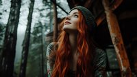 Young woman with long red hair wearing knit beanie gazes upward in moody forest setting with misty atmosphere and dark pine trees creating dramatic outdoor portrait.