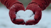 Hands in red knitted gloves holding a heart-shaped snow ball outdoors in winter, symbolizing love and the cold season.