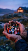 Hands holding diverse cultural wooden dolls representing global unity and multiculturalism at twilight with mountain cabin background.