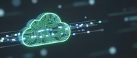 Digital cloud computing technology with glowing circuit board pattern and data streams for modern business solutions and network connectivity concepts.