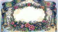 Vintage floral frame with roses, scrolls, and ribbon banner in soft watercolor style, featuring an oval copy space for text or design.