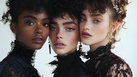 Three diverse fashion models with natural curly hair wearing black lace and feathers pose together in dramatic beauty portrait highlighting different skin tones and makeup styles.