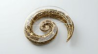 Golden spiral ornament with intricate filigree metalwork and decorative patterns on white background, isolated for design projects and crafting applications.