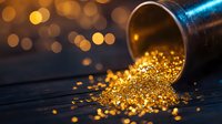 Glittering gold particles spilling from metallic container on dark surface with magical bokeh lights in background, creating luxurious festive atmosphere.