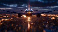 Commercial airplane approaching landing at dusk with dramatic city lights below creating magical bokeh effect against dark moody sky and glowing runway lights.