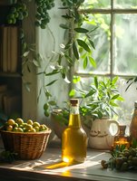 Fresh olive oil bottle in sunlit rustic kitchen window, wicker basket with olives, green plants and morning light creating cozy Mediterranean atmosphere.