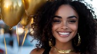 Young African American woman with curly hair and bright smile wearing gold jewelry against festive golden balloons background for celebration and party concepts.