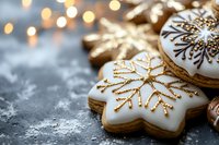 Festive snowflake sugar cookies decorated with white royal icing and gold details on dark background with glowing bokeh lights, holiday baking concept.