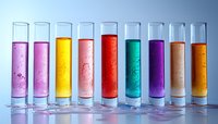 Colorful liquid samples in test tubes arranged in row showing chemical analysis or scientific research with vibrant solutions against light background.