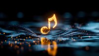 Glowing musical note floating above flowing digital waves with sparkling particles and bokeh lights on dark background for creative projects.