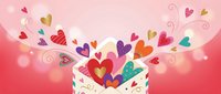 Open envelope releasing colorful hearts with swirls on pink gradient background. Love letter concept for Valentine's Day, romance, and greeting cards.