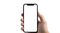 Hand holding modern smartphone with blank white screen mockup for app presentation and mobile interface design projects.