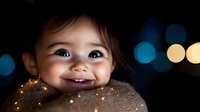 Joyful mixed race toddler girl smiling with twinkling lights and bokeh background creating magical holiday atmosphere, close up portrait with natural expression.