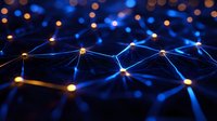 Glowing network connections with blue and orange light points forming digital mesh structure against dark background. Abstract technology concept.
