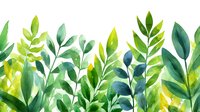 Watercolor green foliage border with various leaves and branches in fresh spring colors, creating a natural botanical background for eco-friendly designs.
