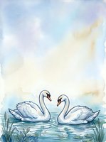 Two swans swimming together on calm water with reeds, rendered in soft watercolor tones of blue, cream, and gentle washes. Suitable for greeting cards, nursery decor, and romantic designs.