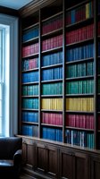 Floor-to-ceiling wooden bookshelf filled with colorful leather-bound books in traditional library setting for academic and literary projects.