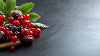 Fresh cranberries and dried fruits with mint leaves on dark slate background. Healthy organic berries for cooking, baking and nutritional supplements.