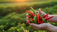 Fresh red chili peppers held in cupped hands during golden hour sunset with blurred agricultural field background for organic farming concepts.