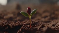 Young plant seedling emerging from rich brown soil with green leaves and red bud showing new life and growth in natural environment for gardening concepts.