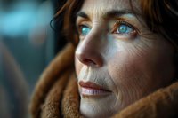 Close-up portrait of mature Caucasian woman with striking blue eyes and brown hair wearing winter coat, looking thoughtfully into distance against blurred background.