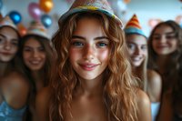 Young Caucasian woman with curly blonde hair wearing party hat smiles at camera, group of cheerful friends celebrating in background with colorful party decorations.