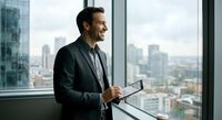 Confident businessman in suit holding tablet looking out office window at city skyline, corporate executive planning strategy in modern workplace.