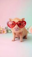 Adorable piglet wearing red heart-shaped sunglasses on pastel gradient background with flowers for Valentine's Day romance and love concepts.