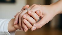 Close-up of two hands gently holding each other with wedding rings, symbolizing love, marriage, commitment and partnership in soft natural light.