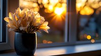 Delicate white lily in black ceramic vase on windowsill at sunset, creating atmospheric mood with golden bokeh lights and sun rays through window.