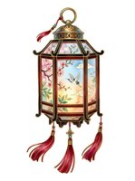 Ornamental lantern with floral and bird motifs, brass metalwork, and burgundy silk tassels, isolated on white background for design projects.