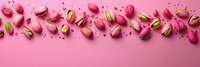 Pink and green macarons scattered on pink background with crumbs creating decorative border pattern, sweet dessert flatlay composition for bakery or cafe.