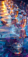 Glass chess pieces on reflective surface with dramatic lighting effects in orange and blue tones, creating ethereal atmosphere and rippling water-like reflections.