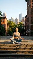 Young athletic woman practicing yoga meditation in lotus pose on urban steps with city skyline background during golden hour sunrise workout session.