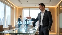 Professional businessman presenting company values in modern conference room with city skyline view during corporate meeting.