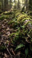 Fresh green moss and ferns growing on fallen log in peaceful forest floor with soft natural lighting and shallow depth of field for nature backgrounds.