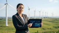 Professional businesswoman presenting renewable energy data on tablet at wind farm showcasing sustainable technology and green power solutions for corporate presentations.