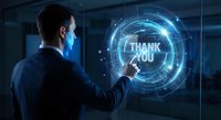 Professional businessman touching holographic thank you interface in modern office environment with futuristic digital technology display.